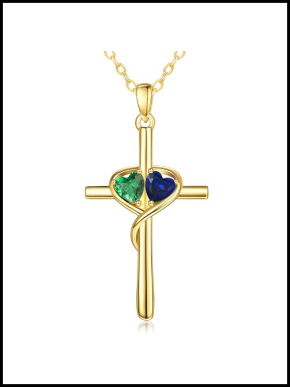 14K Gold Heart Cross Pendant Necklace with Dual Birthstone